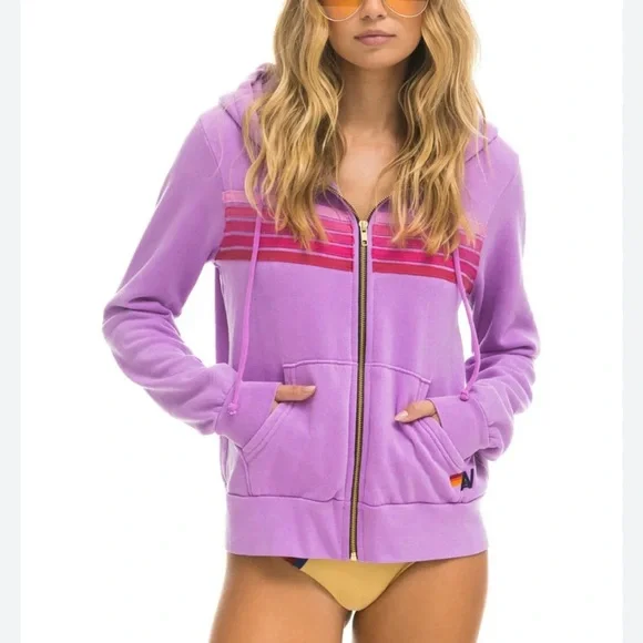 Aviator Nation 5 Stripe Zip Hoodie Neon Purple/Pink - Picture 1 of 3